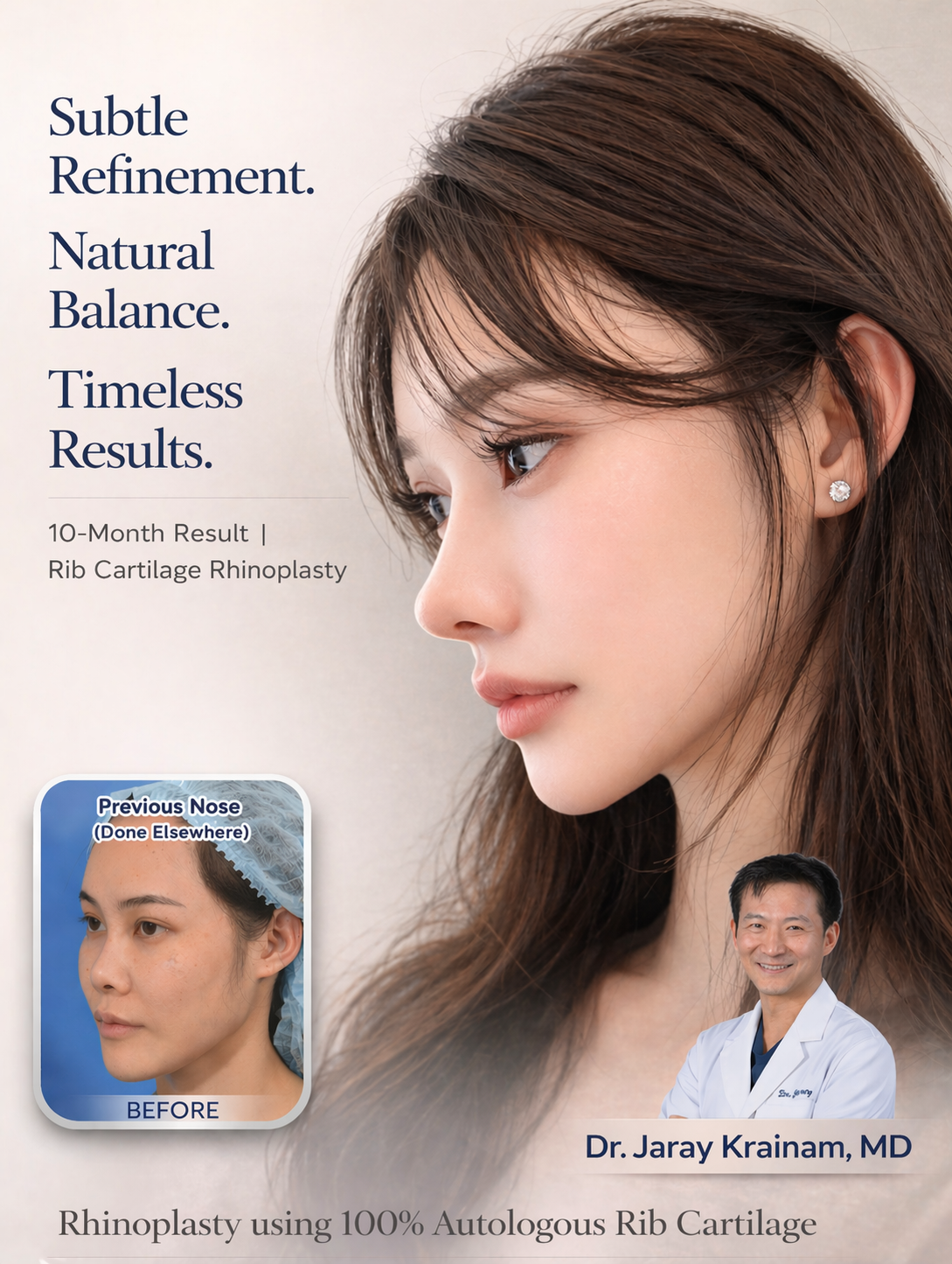 Side-profile of a woman wearing an earring used to promote rhinoplasty; inset shows a 'Before' nose job photo with 'Previous Nose (Done Elsewhere)'. Doctor Jaray Krainam, MD pictured nearby.