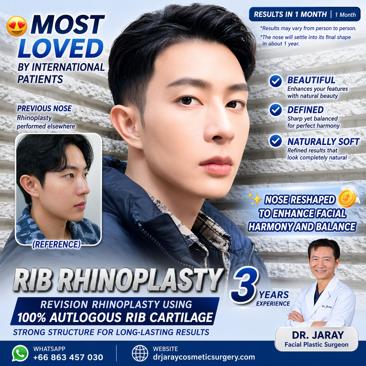 Cosmetic surgery advertisement for rib rhinoplasty, featuring a close-up portrait of a man and bold promotional text about international patients.